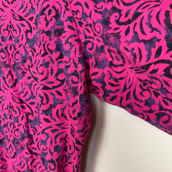 Fresh Produce Top Size Medium Pink Purple V Neck 3/4 Sleeve Cotton Damask Print - Picture 9 of 12
